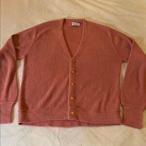 Vintage Puritan Sweater Mens large pink acrylic V Neck Knit Cardigan Made USA